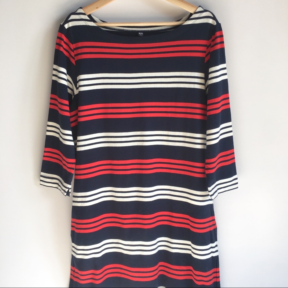 Uniqlo Navy Blue Striped 3/4 Sleeve Midi Dress